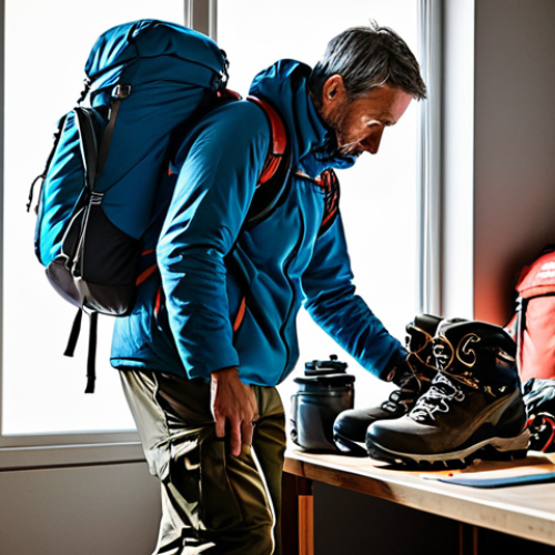 Home 18 Kilimanjaro Climber Preparation**
A person in appropriate hiking gear, fully clothed, checking equipment in a well-lit room with a backpack, hiking boots, and layered clothing visible; safe for work, professional preparation scene, perfect anatomy, natural proportions, appropriate content, family-friendly.
**