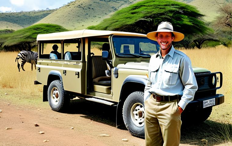 **

"A traveler in Tanzania, fully clothed in safari attire (khaki pants, long-sleeved shirt, hat), standing near a safari vehicle in a national park. Background shows zebras grazing in the distance. Safe for work, appropriate content, professional photography, perfect anatomy, natural proportions, family-friendly, modest clothing."

**