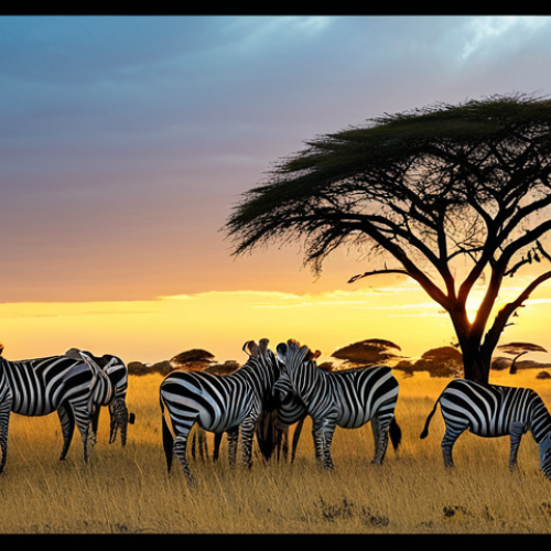 Home 10 Serengeti Landscape with Wildlife**
"A vast Serengeti landscape at sunset, featuring a group of zebras grazing peacefully in the foreground, acacia trees silhouetted against the warm sky, golden light illuminating the savanna, fully clothed, appropriate content, safe for work, perfect anatomy, correct proportions, natural pose, professional wildlife photography, family-friendly."
**