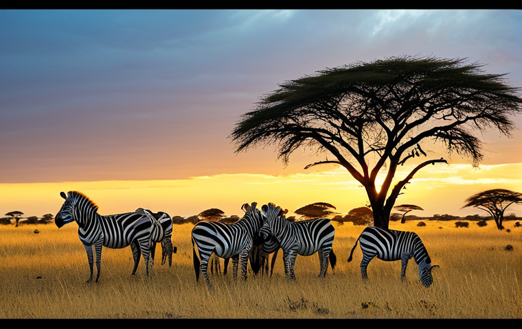 Serengeti Landscape with Wildlife**

"A vast Serengeti landscape at sunset, featuring a group of zebras grazing peacefully in the foreground, acacia trees silhouetted against the warm sky, golden light illuminating the savanna, fully clothed, appropriate content, safe for work, perfect anatomy, correct proportions, natural pose, professional wildlife photography, family-friendly."

**